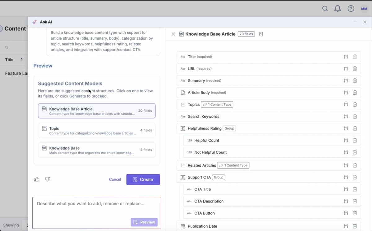 Ask AI generating a content model inside Contentstack