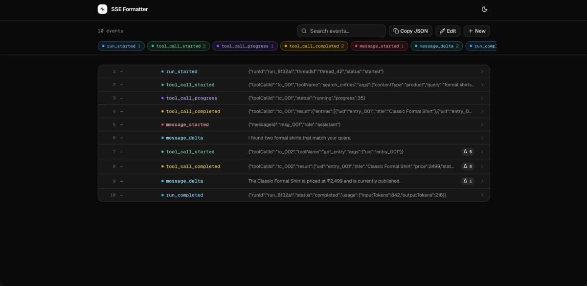 SSE Formatter turning a raw Server-Sent Events stream into a readable timeline